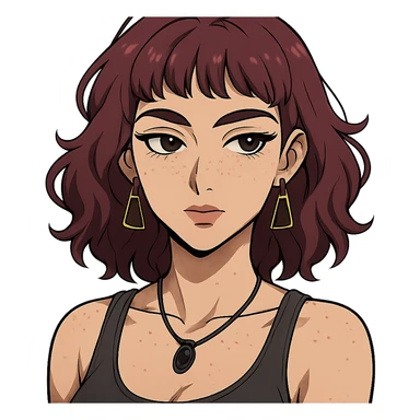 white woman with freckles, teardrop piercing, wavy wine purple hair to shoulders, short bangs, triangular hoop earrings, black stone necklace, tank top, thick eyebrows, large brown eyes, adult anime style, sensual sticker