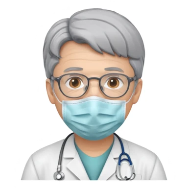 This is a cartoon-style avatar of a doctor with gray hair, wearing a face mask sticker