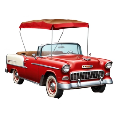 1955 Chevrolet Bel Air Convertible, Red-White color, with a bucket of brown mud pouring down on it, and the car itself is covered in brown dirt on the sides, which is stuck and clearly visible from all sides of the body. 32x32 pixels, aspect ratio: 1:1 sticker