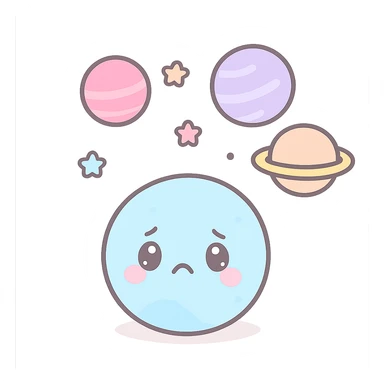 a small, blue-tinted Pluto with a frown, gazing up at a group of distant planets, feeling left out, cute kawaii style sticker