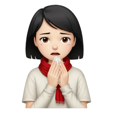 a pretty bratz fair girl crying in a loose oversized off white tshirt and red scarf with short black hair with a tissues in hand sticker