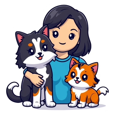 woman with long black hair holding an American Shorthair cat and a Cavalier King Charles Spaniel dog sticker