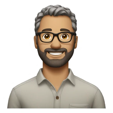Man aged 39. Short stripped hair and short brown beard, big brown eyes, gray opthical glasses, big smile sticker