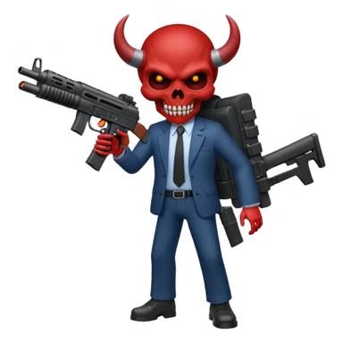 A Demon from hell that is dressed like a fbi agent with a machine gun, full body pointing the machine fun to the left. In the style of your bleeding skull artwork. Just one machine gun sticker