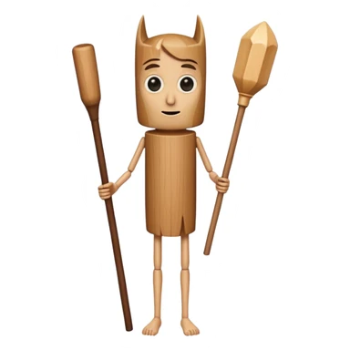 a tall, cylindrical, wooden-like figure with a human-like face, large eyes, and a slight smile. It has small, thin arms and human legs. It appears to be holding a long, wooden stick or bat.
 sticker