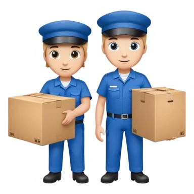 two workers in blue uniforms and caps holding a large box together sticker