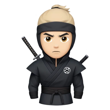 clash-of-clans-aesthetic_-cinematic-mysterious-male-ninja-portrait-emoji, rendered in a flat, vector-style with minimal shading and bold, simplified shapes,   with a head slightly turned revealing intense, focused eyes. the ninja is accompanied by a Ninken dog sticker
