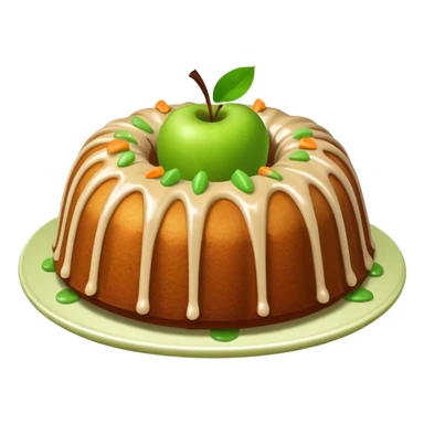 Bundt cake with green apple pieces sprinkled on top and tan sauce sticker