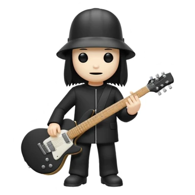 Minimalist chibi emoji of Buckethead: tiny body, oversized bucket helmet, simple black clothes, holding a guitar, spooky-cool but adorable sticker