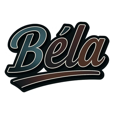 Text image of the name 'Béla' in a modern, dynamic font with masculine gradient colors including blue, green, gray, dark burgundy, brown, and dark blue shades. The text has a thin white outline, a dark outer contour, and an underline. The style is inspired by the Péter sample image. Size 1000x1000 px, PNG format, transparent background. sticker