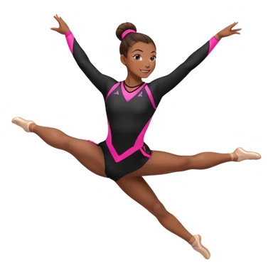 Happy female gymnast with brown hair in a neat bun, wearing a black uniform with neon pink elements, performing an acrobatic move. A female gymnast with brown hair in a neat bun, wearing a black uniform with pink elements, performing an acrobatic move. sticker