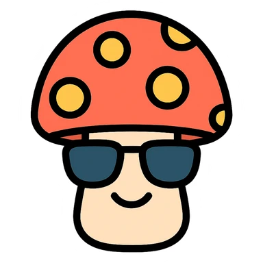 colorful icon of a mushroom with sunglasses and a smile sticker