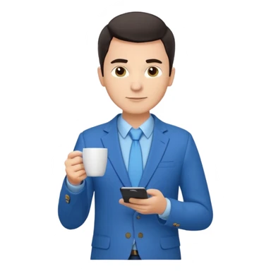 Confident male entrepreneur, Caucasian features, short dark hair, defined eyebrows, slight smile, wearing blue blazer over light blue shirt, holding a smartphone in one hand and a coffee cup in the other, waist-up, front-facing sticker