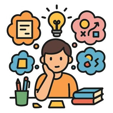 curious individual brainstorming ideas, surrounded by thought bubbles filled with sketches, notes, and abstract concepts, bright light bulb above their head symbolizing inspiration, cozy workspace with creative tools like pens, sticky notes, and books, color outline icon style, 4:5 aspect ratio sticker