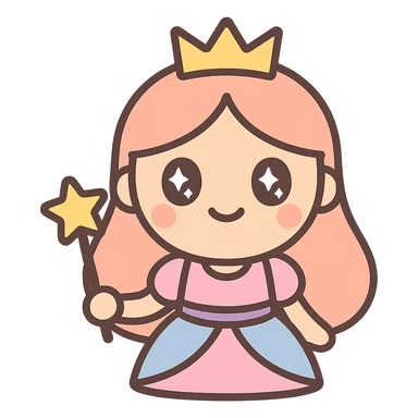 cartoon-style princess emoji with long hair, wearing a golden crown, smiling softly, dressed in a royal gown, holding a magic wand, kawaii style sticker