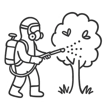 A gardener in protective suit and mask spraying a tree with a sprayer, performing chemical pest control. Bright green garden with trees, visible spray droplets, atmosphere of professional plant protection and garden care sticker