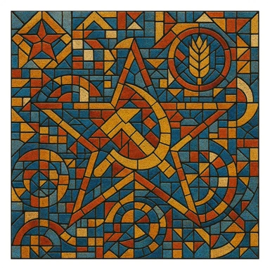 Soviet mosaic pattern in the style of Kerama Marazzi ceramic tiles, intricate geometric shapes, vibrant colors sticker