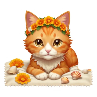 A fiery orange kitten with sun-kissed fur, wearing a tiny flower crown made of marigolds, lounging on a warm beach towel, surrounded by seashells, golden sparkles, and glowing summer sun. sticker