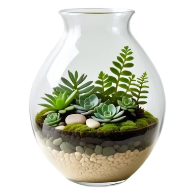 A clear glass vase containing a terrarium with moss, small ferns, and tiny succulents, arranged in a minimalist style inspired by Jean Arp's organic compositions. The plants should be arranged in a balanced, asymmetrical way with smooth curves and natural flow. The glass vase should have a simple, elegant shape with subtle reflections. Natural lighting from above, creating soft shadows on the moss and plants. The background should be clean and neutral --chaos 10 --ar 9:16 --v 7 --stylize 350 sticker