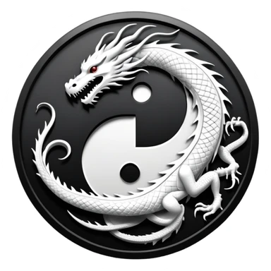 An icon symbolizing Eastern martial arts in the style of an emblem, featuring a black-and-white Yin-Yang symbol and a dragon at the center, surrounded by elements like a dojo. Transparent background highlights balance and power. sticker