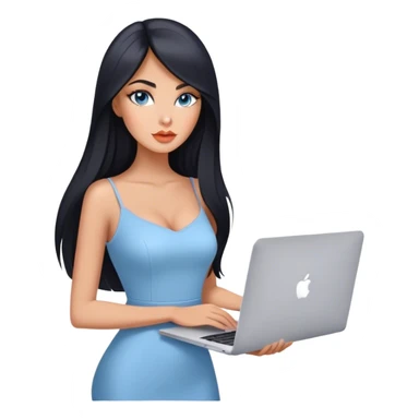 Glamours tanned very beautiful girl with pump peach nude lips and black straight smooth long hair, blue-grey eyes in beautiful clothing with MacBook sticker