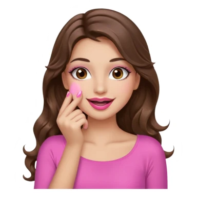 girl with long wavy brown hair, brown eyes, long lashes makeup, sexy pink lips, light to medium complexion, pink sexy top, smiling, hand covering mouth sticker