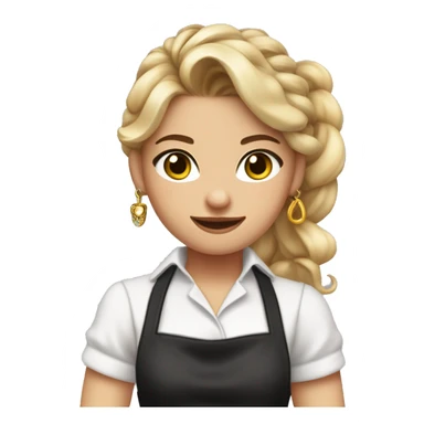 Waitress with white shirt and black apron, curly dirty-blonde hair in a long pony tail, hazel eyes, LOTS of bohemian jewelry and bracelets  sticker