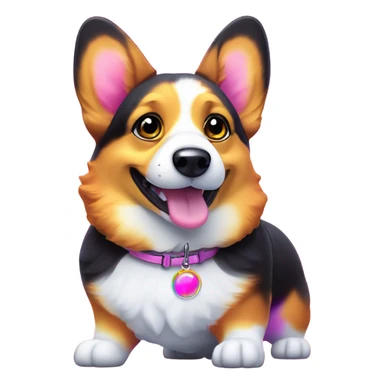 Tri-colored corgi with black near temples in the style of Lisa Frank with TY tag sticker