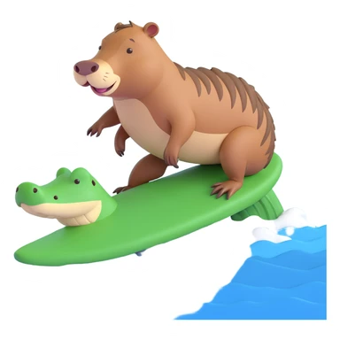 a cute capybara surfing on a crocodile, 3D cute style sticker