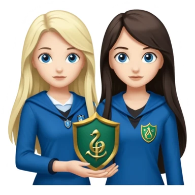a pretty ravenclaw girl with long dark brown hair and blue eyes standing with a hot Slytherin girl with long blonde hair, blue eyes and big boobs  sticker