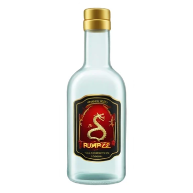 clear bottle of rumpleminze clear alcohol with a label that black with red border and font that has a small gold dragon on the label that says “RUMPZ” sticker