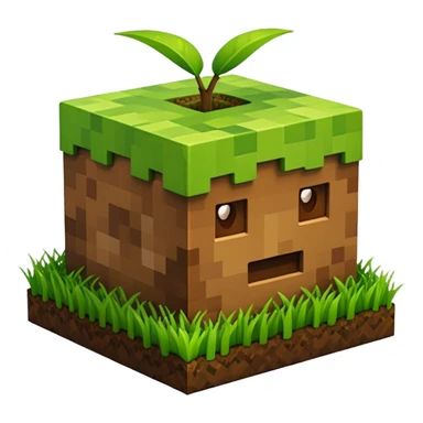 A 3D Apple-style emoji of a Minecraft grass block, cubic shape, with bright green grass on top and brown soil with pixel texture on the sides, simple and cute cartoon design. sticker