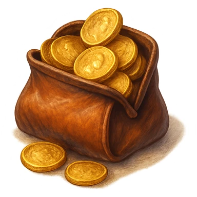 В cлегка рисованной, но при этом объемной и яркой стилистике сгенерируй картинку кожаного кошелька, из которого торчат натуральные фотореалистичные золотые монеты. Они должны выглядеть не как пластмассовые, а как настоящее золото. Прозрачный фон sticker