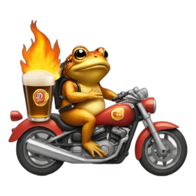 Toad in a motorbike with a beer in one and and fire exaut sticker