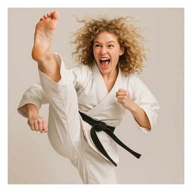 blonde curly haired woman doing a karate kick into the air, dynamic pose, energetic expression, simple background sticker