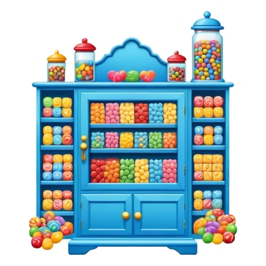 blue cabinet with candy on the top shelf sticker