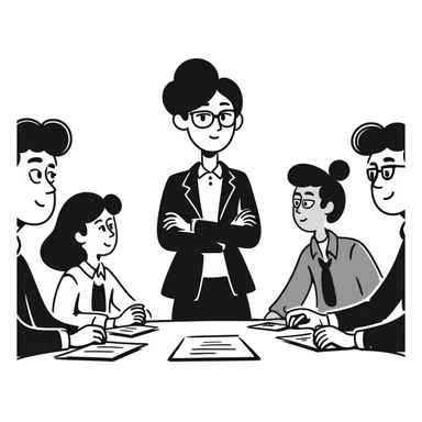 Executive employer at head of meeting table with team sticker