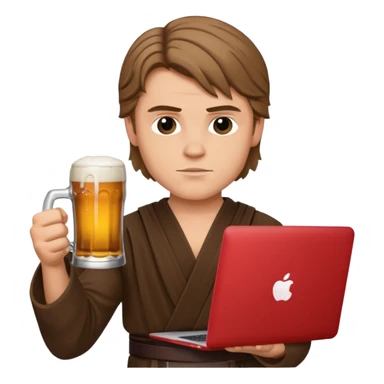 Anakin skywalker holding a beer and a macbook sticker