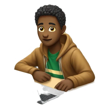 male student sitting at a school desk, a Chromebook with blanket wrapped around shoulders sticker