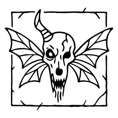 deeply disturbing minimal red horror line art of grotesque minotaur-stoat hybrid skull with aggressively fractured horn and demonic eye, unnatural twisted moth wings, mostly empty middle with nightmarish thin outline frame, intensely unsettling with sparse but horrifying details, frame jagged and broken in threatening manner, pure horror, 100% red sticker