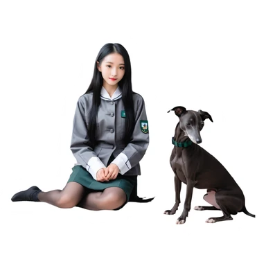 Slim Chinese girl with long black hair and her completely solid dark grey Italian greyhound in a cozy home setting, the dog has absolutely no white markings on face or nose, completely uniform grey color throughout sticker