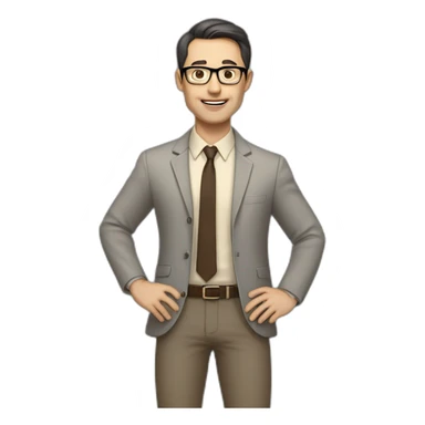 Full height Actively gesturing with hands Pale skinned fit man with dark brown hair in gray jacket, beige office shirt, brown tie, brown pants and vintage glasses. sticker