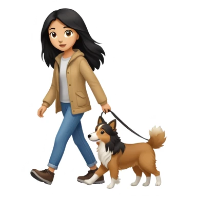 A girl with long black hair walking with a light brown collie sticker