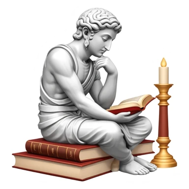 An icon featuring a Thinker statue, a scroll, symbolizing philosophy. The design includes books and abstract symbols representing deep thought and wisdom. Transparent background highlights the study of ideas, logic, and existential questions sticker