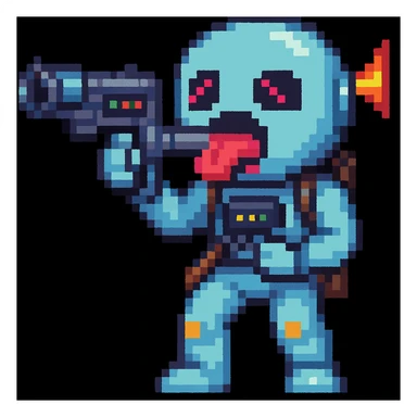 Make it pixel art style: Edit the emoji so it is putting the sci-fi blaster toward its tongue, keeping the pixel art style. sticker