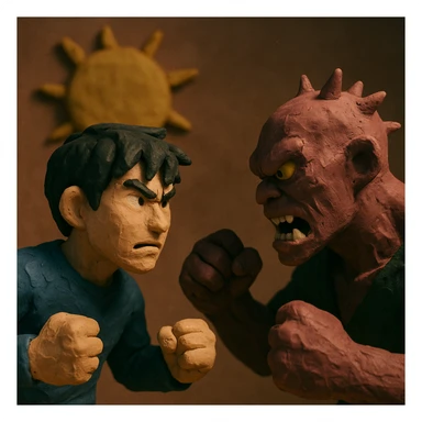 Sun Jin Woo vs Baruka, ambiance dramatique, style claymation sticker