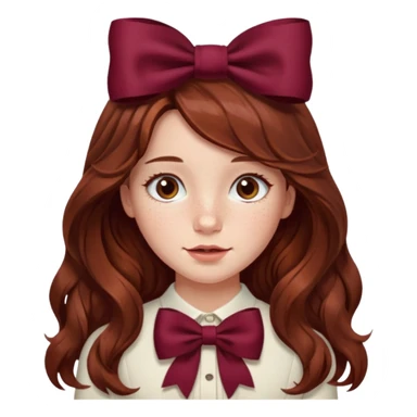 girl wavy long brown hair with a burgundy bow sticker