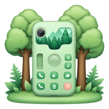 phone icon, pastel green color, forest theme with leaves, trees, nature elements sticker