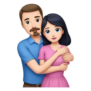 Tall white man with brown mustache goatee wearing blue hugging a short pale woman with long black hair wearing pink sticker