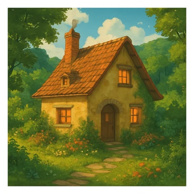 cozy cottage in a lush landscape with warm lighting in ghibli style sticker